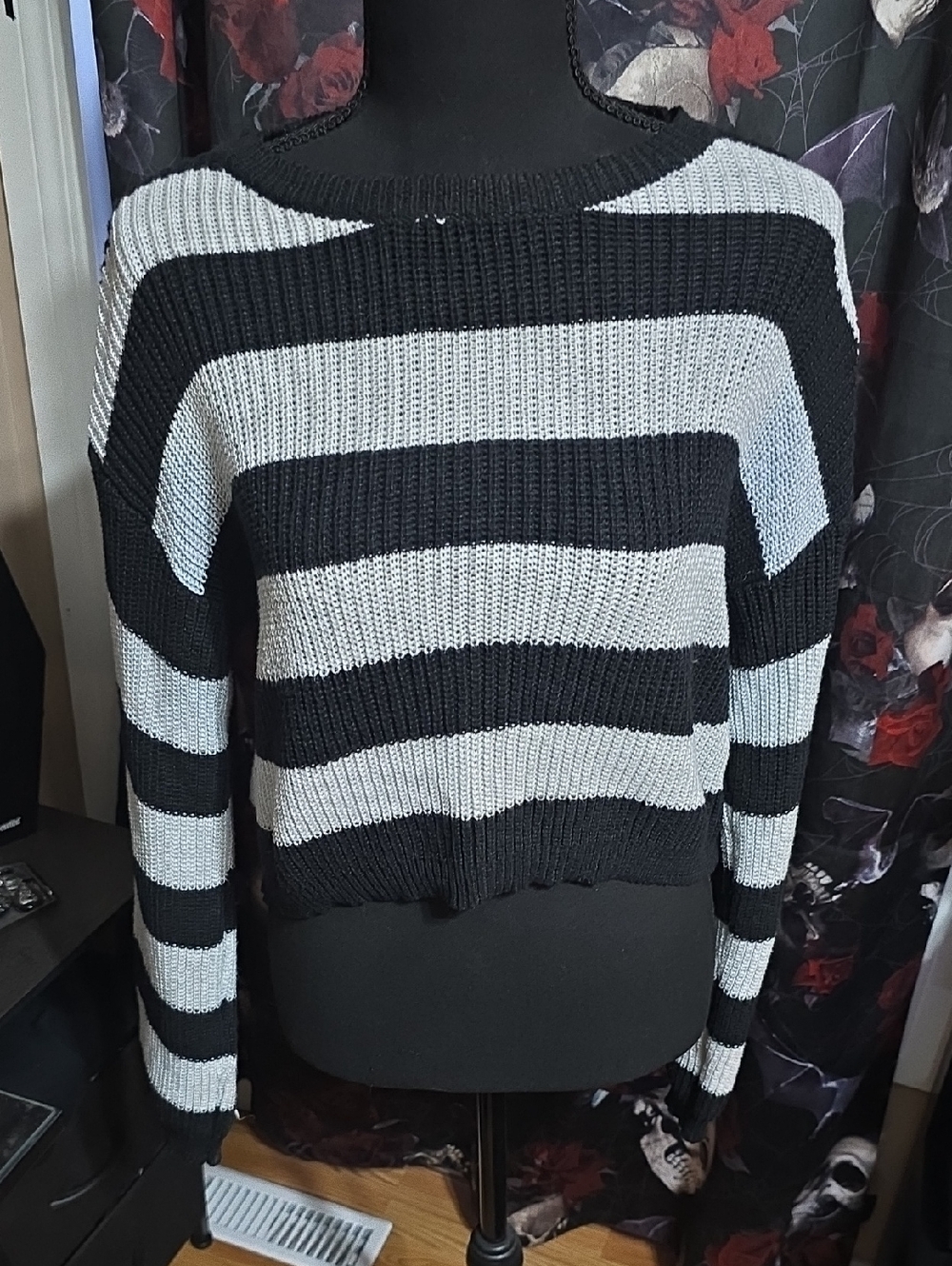 Women's Black and White Striped Boatneck Knit Sweater
